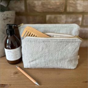 Linen Toiletry Bag Black and Ivory Stripe, Medium
