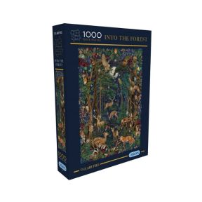 Into the Forest 1000-piece jigsaw puzzle from The Art File, featuring a richly detailed woodland scene filled with forest wildlife, including deer, owls, foxes, birds and woodland flora. Presented in a navy blue Gibsons puzzle box, the intricate artwork s