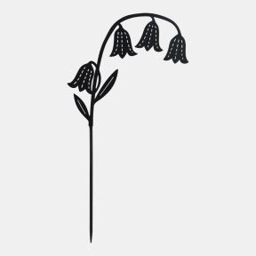 Decorative black metal garden stake with drooping bellflower silhouette design and cut-out detailing on a single stem