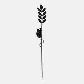 Decorative black metal garden stake featuring a climbing snail silhouette on a leafy stem with cut-out detailing and ground spike base