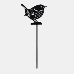 Decorative black metal garden stake featuring a perched bird silhouette with cut-out feather detailing and ground spike base