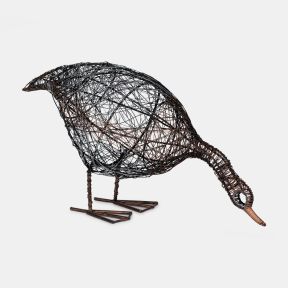 Decorative wire garden bird sculpture featuring an openwork metal design with long curved beak and rustic brown finish