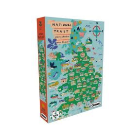 National Trust Across the Land 1000-piece jigsaw puzzle by Gibsons, featuring a vibrant illustrated map of the UK highlighting National Trust landmarks, historic properties, wildlife and scenic landscapes. Presented in a colourful puzzle box, the detailed