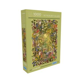 Sunlight Glade 1000-piece jigsaw puzzle from The Art File, featuring a beautifully detailed woodland scene filled with wildlife, wildflowers, berries and foliage surrounding a sunlit forest clearing. Presented in a soft green Gibsons puzzle box, the intri