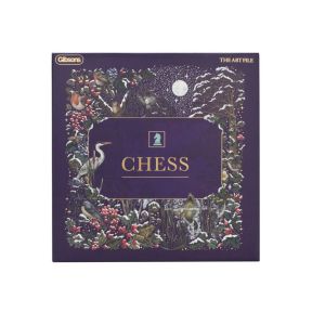 The Art File Chess set featuring a richly illustrated woodland-themed presentation box in deep purple tones. Decorative artwork showcases forest wildlife including robins, an owl, a heron and woodland foliage with berries, mushrooms and snowy branches ben