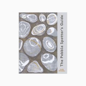 Front cover of the book “The Pebble Spotter’s Guide” by Clive Mitchell, featuring an illustrated pattern of grey pebbles with white and gold markings on a textured background.