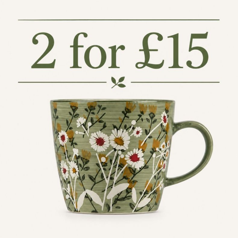2 green wild daisy mugs for £15