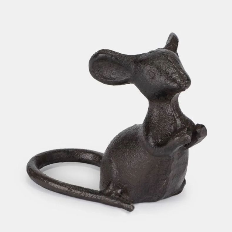 Cast iron mouse sculpture with textured dark brown finish, featuring a seated mouse and circular tail ring, isolated on a white background