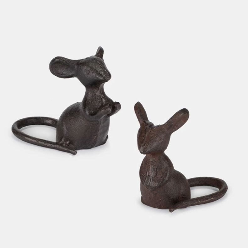 Two cast iron mice sculptures with textured dark brown finish, featuring two seated mice, each with a circular tail ring, isolated on a white background