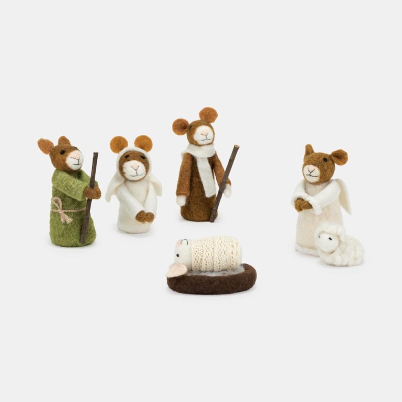 Set of five handcrafted felt nativity figures displayed against a light background, including a shepherd mouse wearing a green robe and holding a staff, two standing angel mice dressed in white with wings, a taller mouse figure wearing a white scarf and h