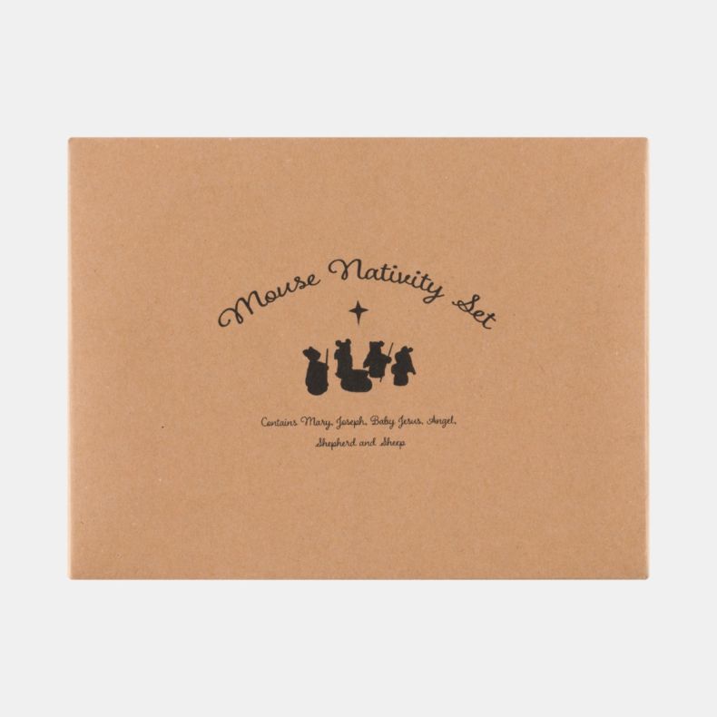 Brown kraft cardboard presentation box for a felt mouse nativity set, displayed against a light background. The rectangular box features black printed text reading “Mouse Nativity Set” above silhouette illustrations of the included felt figures and a star