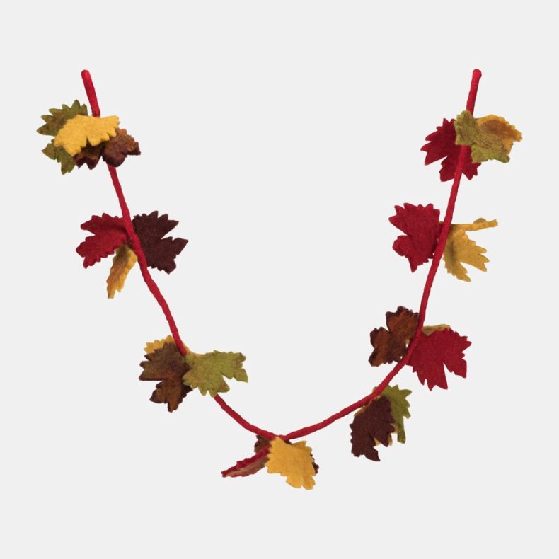 Decorative autumn garland featuring multiple felt maple-style leaves attached along a flexible red cord. The handcrafted leaves are arranged in warm seasonal shades of mustard yellow, olive green, burgundy and burnt orange, creating a rich autumnal colour