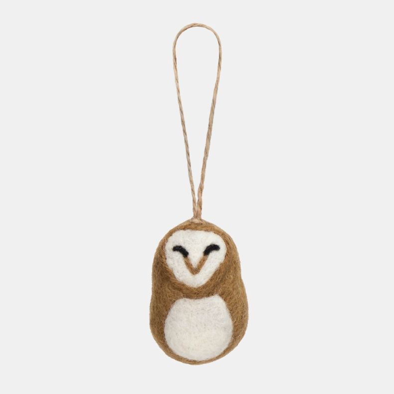 Felt owl Christmas hanging decoration featuring a soft brown and cream wool-effect body, white facial disc and belly detailing, embroidered black eyes, and a rustic twine hanging loop.