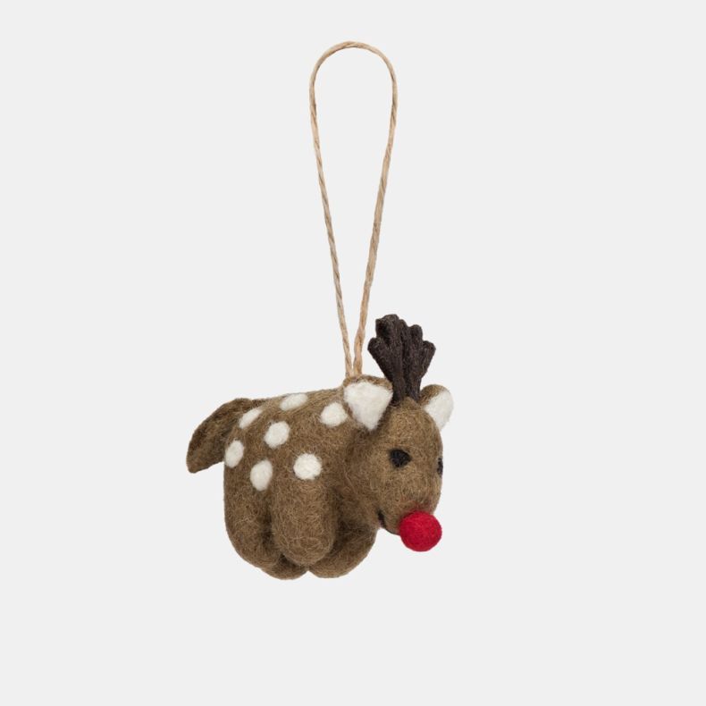 Felt reindeer Christmas hanging decoration featuring a brown wool-effect body with white spotted detailing, dark brown felt antlers, a bright red nose, and a rustic twine hanging loop.