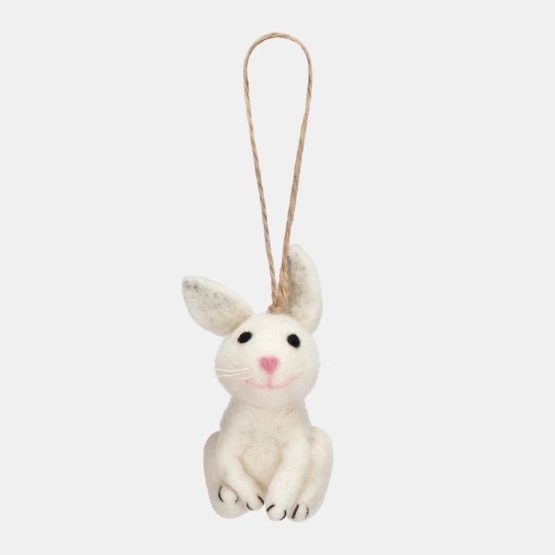 Felt white rabbit Christmas hanging decoration featuring a soft wool-effect body, long upright ears, black eyes, pink nose and whisker detailing, seated pose, and a rustic twine hanging loop.