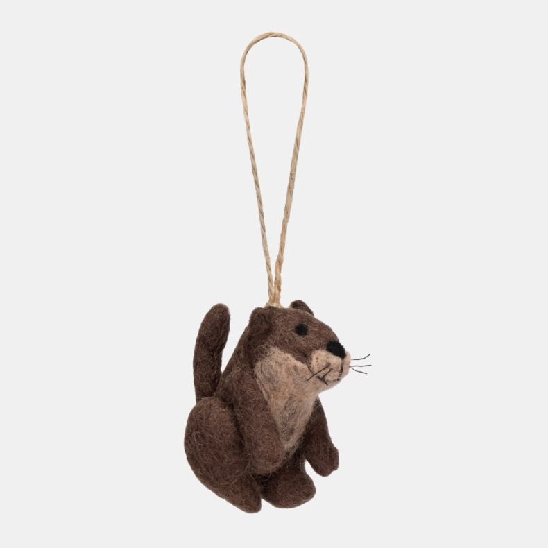 Felt otter Christmas hanging decoration featuring a brown wool-effect body with lighter beige chest detailing, black stitched whiskers, a raised tail, and a rustic twine hanging loop.