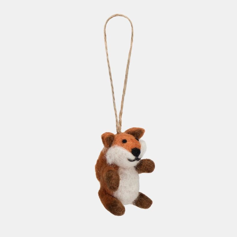 Felt fox Christmas hanging decoration featuring an orange and white wool-effect body, detailed needle-felted face with black nose and eyes, upright seated pose, and rustic twine hanging loop.