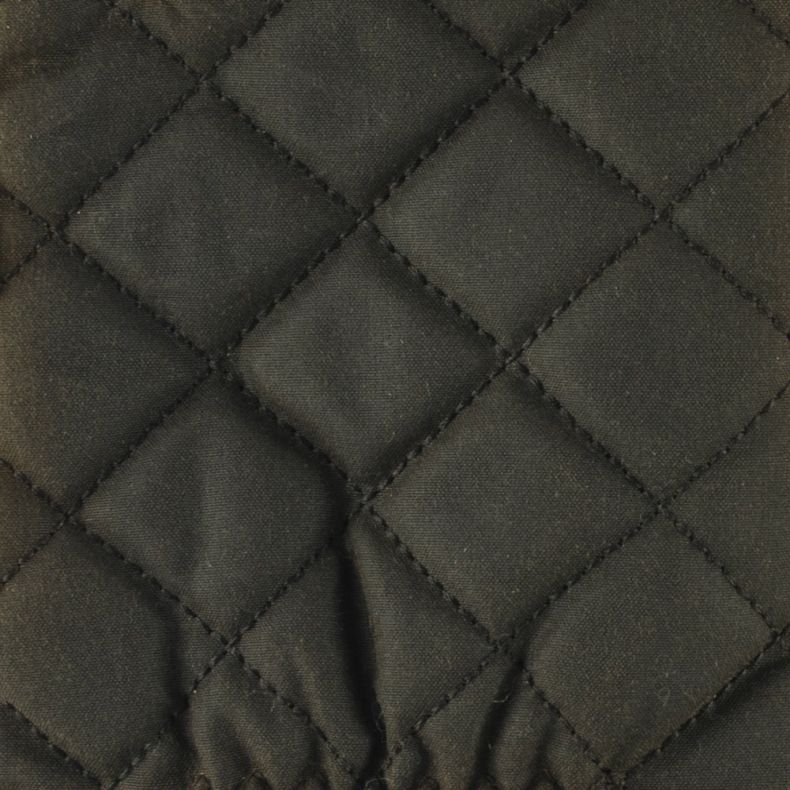 Close-up detail of a dark olive green leather outdoor glove, highlighting the quilted diamond-stitched upper. The image showcases the padded construction, precise stitching and durable leather finish, with a gathered elasticated section visible near the w