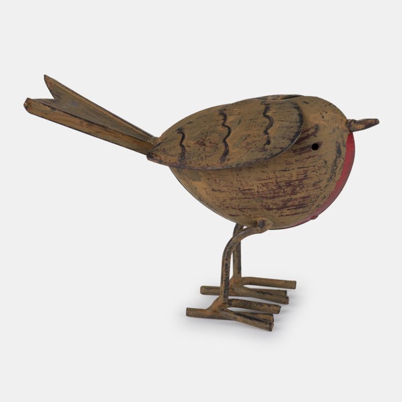 Decorative metal robin garden ornament shown in side profile, featuring a rustic brown distressed finish, red breast, layered metal wings, long tail, and wire legs with oversized feet. The bird is displayed against a plain light background.
