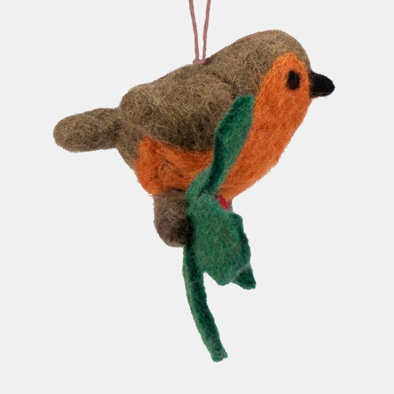 Side profile view of a handcrafted felt robin hanging decoration displayed against a light background. The ornament features a rounded robin with a warm brown body, bright orange breast and black felt beak, suspended from a pale hanging cord. A green felt