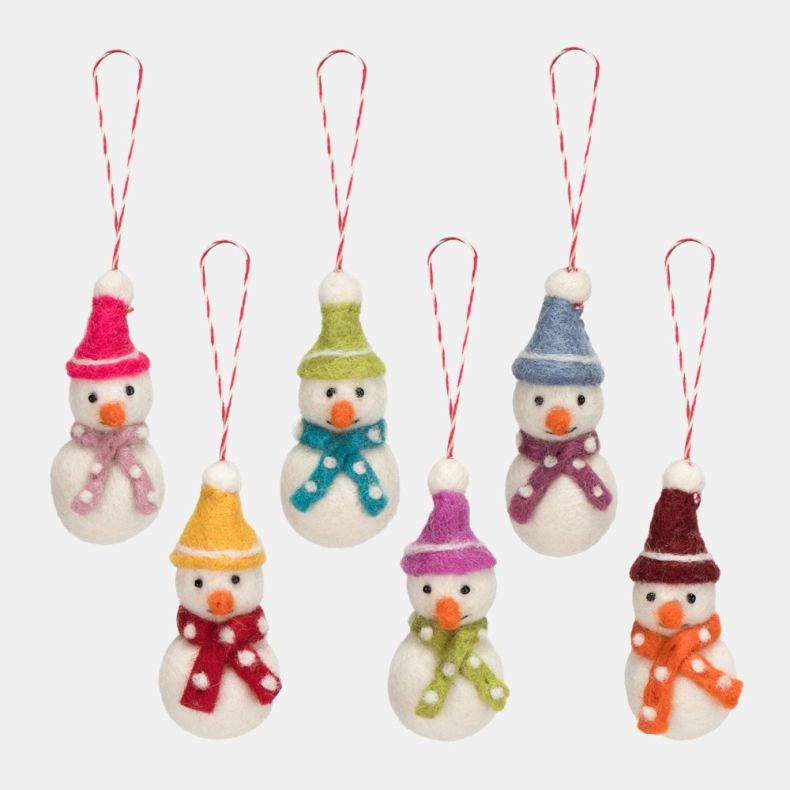 Set of six felt snowman Christmas hanging decorations featuring white wool-effect bodies, orange carrot noses, and colourful knitted hats and scarves in pink, yellow, green, blue, purple and burgundy tones, each suspended from a red and white hanging loop
