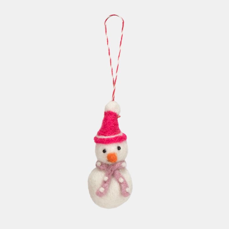 Felt snowman Christmas hanging decoration featuring a white wool-effect body, orange carrot nose, bright pink felt hat with white trim, pale pink spotted scarf, and a red and white hanging loop.