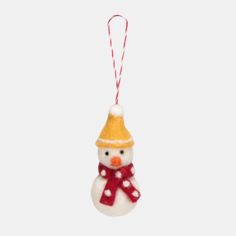 Felt snowman Christmas hanging decoration featuring a white wool-effect body, orange carrot nose, yellow felt hat with white trim, red spotted scarf, and a red and white hanging loop.