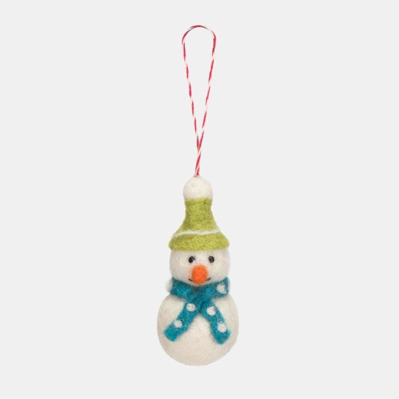 Felt snowman Christmas hanging decoration featuring a white wool-effect body, orange carrot nose, light green felt hat with white trim, turquoise blue spotted scarf, and a red and white hanging loop.