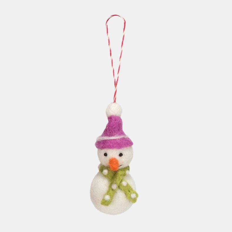Felt snowman Christmas hanging decoration featuring a white wool-effect body, orange carrot nose, purple felt hat with white trim, green spotted scarf, and a red and white hanging loop.