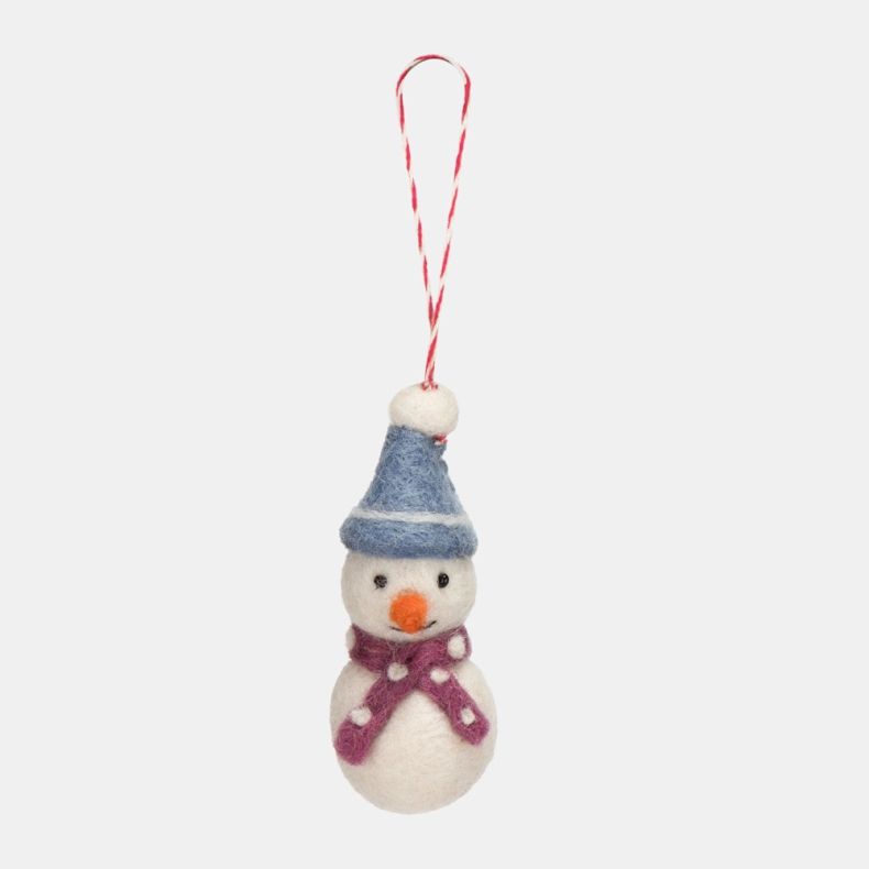 Felt snowman Christmas hanging decoration featuring a white wool-effect body, orange carrot nose, pale blue felt hat with white trim, purple spotted scarf, and a red and white hanging loop.