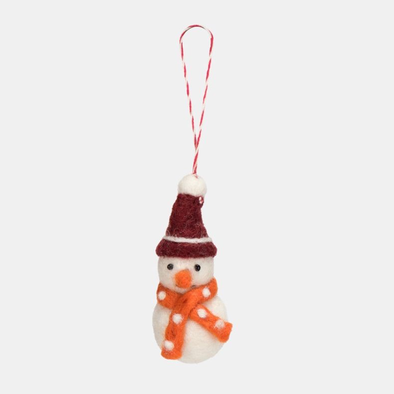 Felt snowman Christmas hanging decoration featuring a white wool-effect body, orange carrot nose, burgundy felt hat with white trim, bright orange spotted scarf, and a red and white hanging loop.