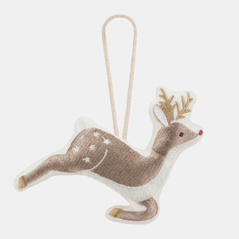 Embroidered hanging reindeer decoration in soft taupe and cream tones, featuring stitched antlers, white embroidered spots and a red nose, suspended from a fabric hanging loop and isolated on a white background.