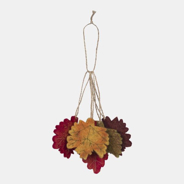 Bundle of five autumn leaf hanging decorations gathered together and suspended from a single natural twine loop, displayed against a light background. The set includes a variety of leaf shapes in rich seasonal colours including golden yellow, burnt orange