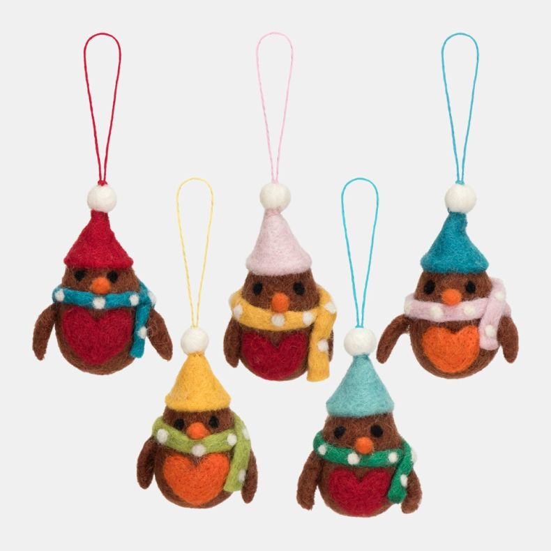 Set of five felt robin Christmas hanging decorations featuring brown wool-effect bodies, orange breast and beak details, and colourful felt hats and spotted scarves in red, pink, yellow, turquoise and teal tones, each suspended from a coordinating hanging