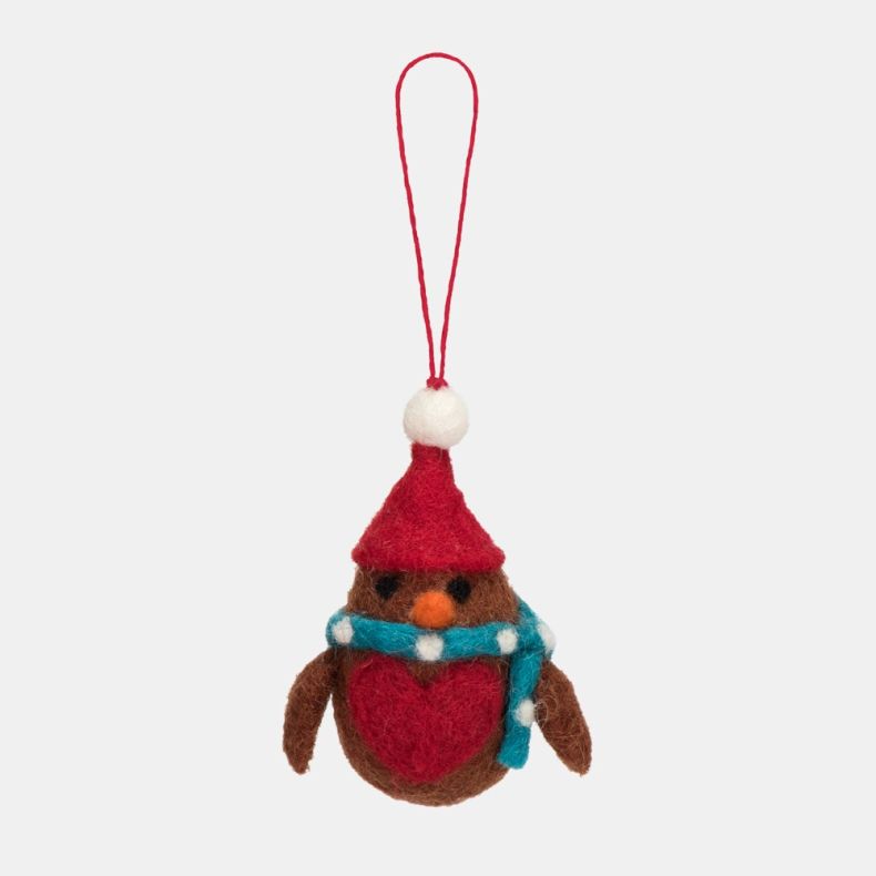 Felt robin Christmas hanging decoration featuring a brown wool-effect body, red breast, orange beak, red felt hat, turquoise spotted scarf, and a coordinating red hanging loop.