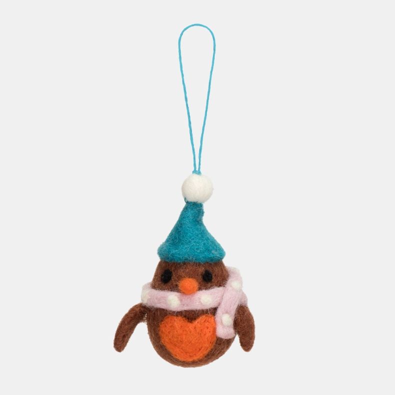 Felt robin Christmas hanging decoration featuring a brown wool-effect body, orange heart-shaped breast, orange beak, teal felt hat, pale pink spotted scarf, and a coordinating blue hanging loop.