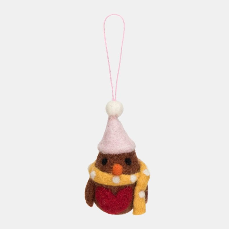 Felt robin Christmas hanging decoration featuring a brown wool-effect body, red breast, orange beak, pale pink felt hat, mustard yellow spotted scarf, and a coordinating pink hanging loop.