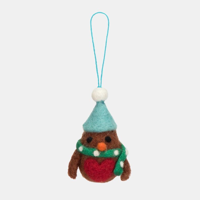 Felt robin Christmas hanging decoration featuring a brown wool-effect body, red breast, orange beak, pale blue felt hat, green spotted scarf, and a coordinating blue hanging loop.