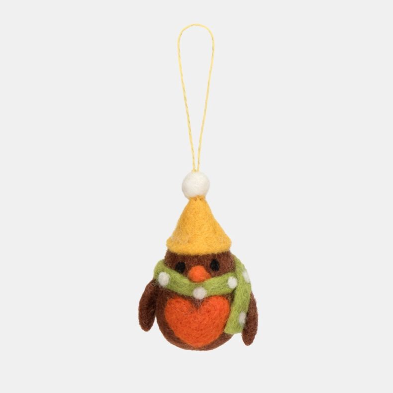 Felt robin Christmas hanging decoration featuring a brown wool-effect body, orange heart-shaped breast, orange beak, yellow felt hat, light green spotted scarf, and a coordinating yellow hanging loop.