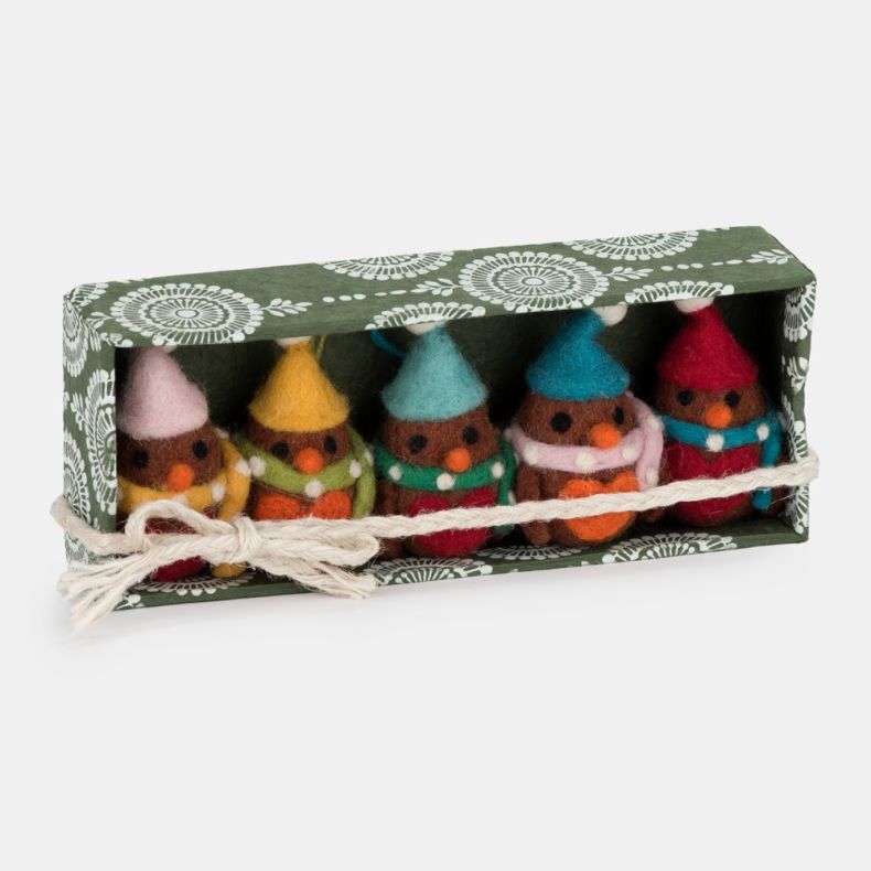 Set of five felt robin Christmas hanging decorations featuring brown wool-effect bodies, orange breast and beak details, and colourful felt hats and spotted scarves in pink, yellow, mint green, turquoise and red tones, presented in a green patterned gift 