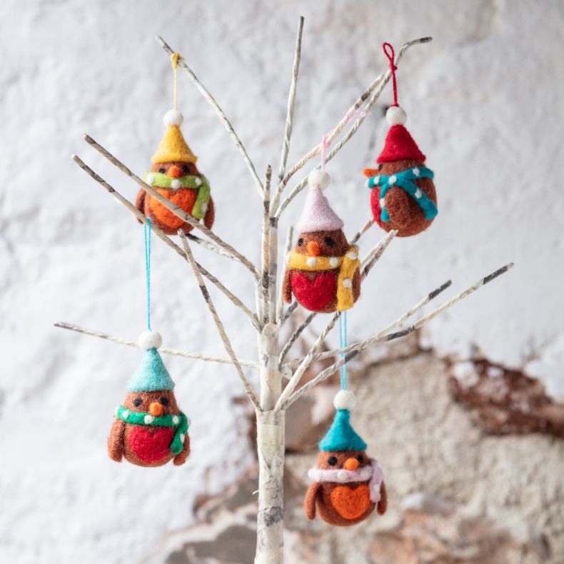 Set of five felt robin Christmas hanging decorations displayed on a decorative twig tree, featuring brown wool-effect bodies, orange breast and beak details, and colourful felt hats and spotted scarves in red, pink, yellow, turquoise and teal tones, suspe