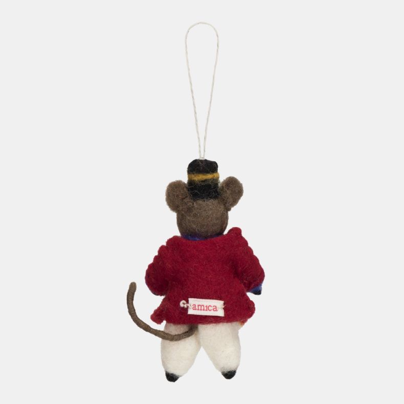 Felt mouse drummer Christmas hanging decoration shown from the reverse side, featuring a brown wool-effect body, black top hat with gold trim, red military-style jacket, white trousers, curled tail, handcrafted needle-felted detailing, and a rustic hangin