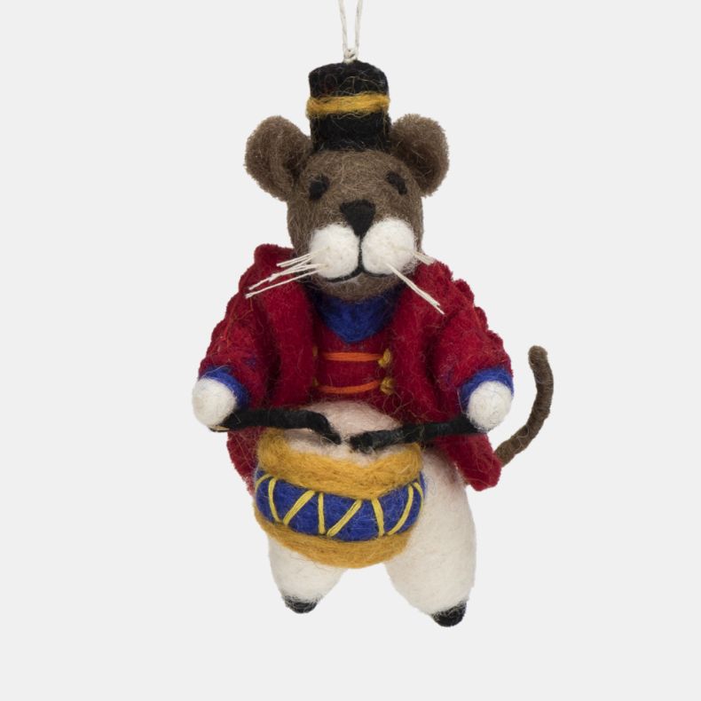 Felt mouse drummer Christmas hanging decoration shown in a close-up front view, featuring a brown wool-effect body, black top hat with gold trim, red military-style jacket with gold button detailing, blue and gold drum, drumsticks, white whiskers, and han