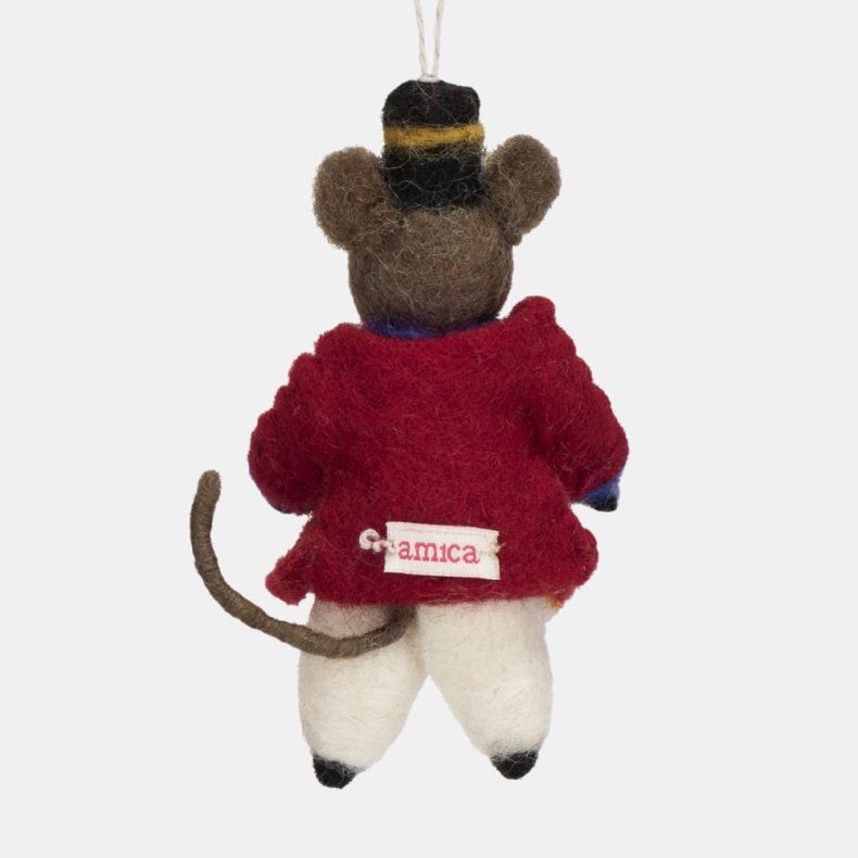Felt mouse drummer Christmas hanging decoration shown from the reverse side in a close-up view, featuring a brown wool-effect body, black top hat with gold trim, red military-style jacket, white trousers, curled tail, handcrafted needle-felted detailing, 
