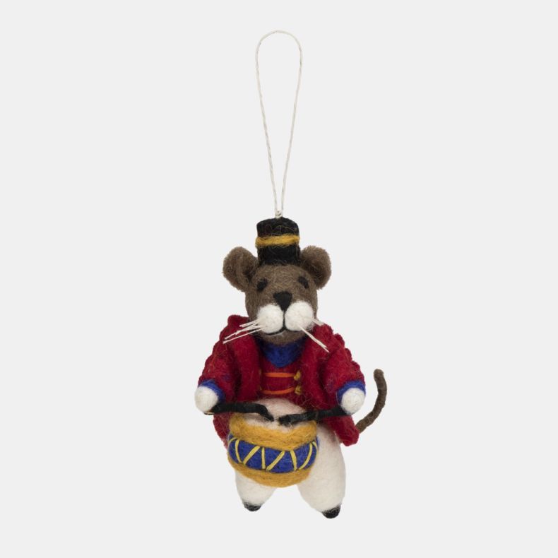 Felt mouse drummer Christmas hanging decoration featuring a brown wool-effect body, black top hat with gold trim, red military-style jacket, blue and gold drum, and drumsticks, finished with handcrafted needle-felted detailing and a rustic hanging loop.