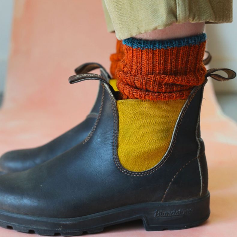 Rooska Croft Wool Socks, Orange Rust & Kingfisher