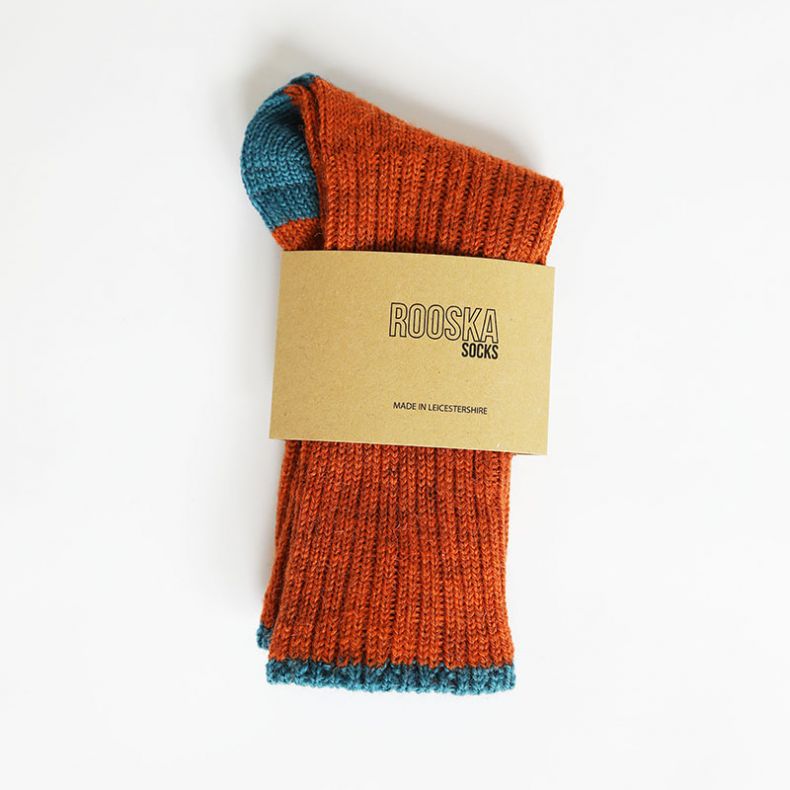 Rooska Croft Wool Socks, Orange Rust & Kingfisher