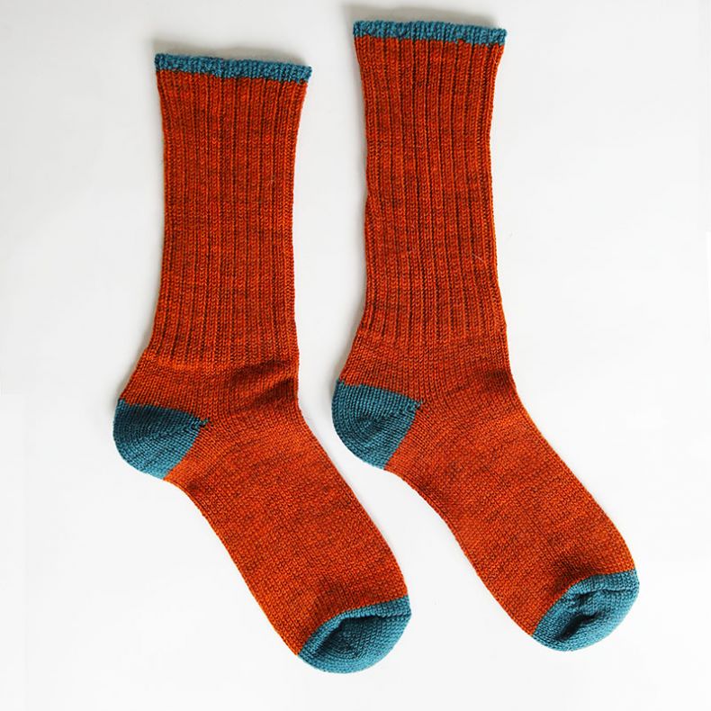 Rooska Croft Wool Socks, Orange Rust & Kingfisher