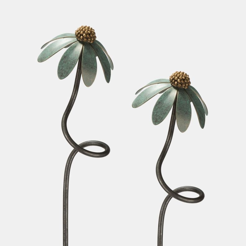 Paul Cox Verdigris Echinacea Plant Stake, Set of 2