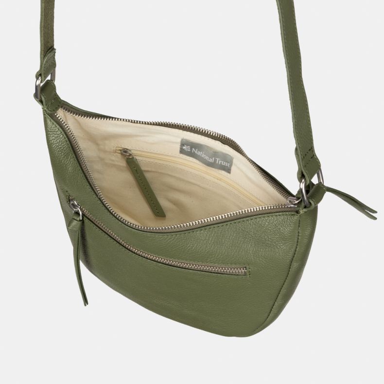 National Trust Small Curved Green Leather Cross Body Bag